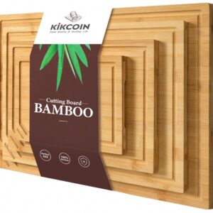 Kikcoin Bamboo Cutting Board Set, Heavy-Duty Kitchen Chopping Boards with Juice Grooves and Handles (Natural, 4-Piece Set) 6erj3